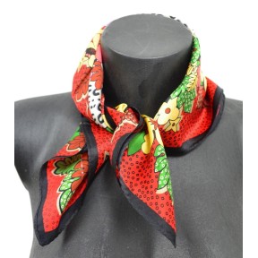 Petit carré en soie rouge fleurs - qual. sup