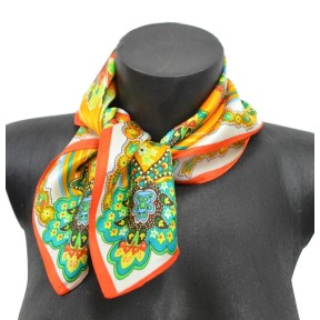 Petit carré en soie paisley fleur orange  - qual. sup