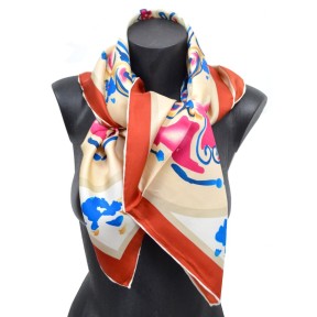 Carré en twill de soie bordeaux à fleurs