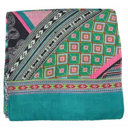 Foulard carré 100 cm ethnic vert rose