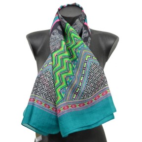 Foulard carré 100 cm ethnic vert et rose