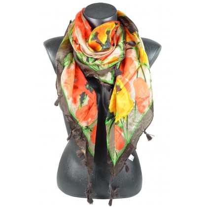 Cheche en soie pompons marron fleur orange