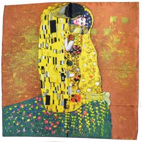 Foulard soie "Le baiser" Klimt version marron-jaune