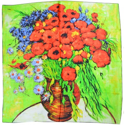 Foulard soie bouquet coquelicot-marguerites