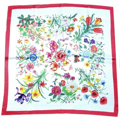 Carré satin de soie blanc multi-fleurs