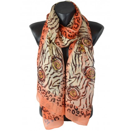 Echarpe en mousseline imprimée fauve corail