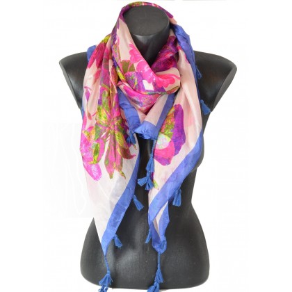 Cheche en soie rose grandes fleurs