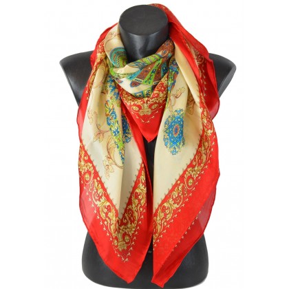 Carré 110 crêpe de Chine éventail rouge écru