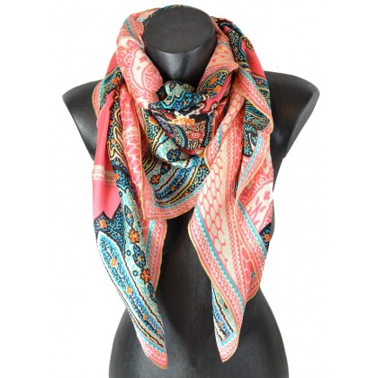 Carré 110 crêpe de Chine fleurs hexagones rose
