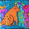 Echarpe soie naif chien chat vs turquoise
