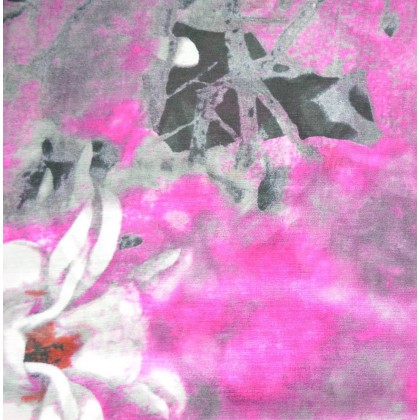 Etole en soie rose et grise à fleurs