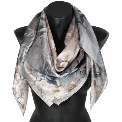 Carré soie 110cm gris à fleurs