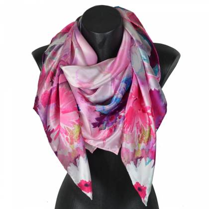Carré soie 110cm fleurs fondues rose