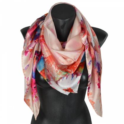 Carré soie 110cm fleurs fondues saumon