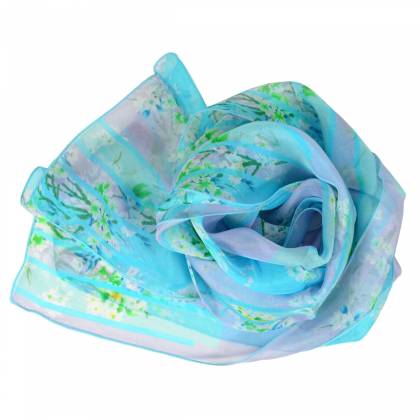 Echarpe en soie Bouquet de printemps bleue made in France