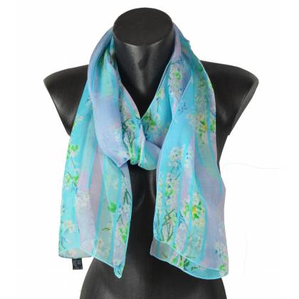 Echarpe en soie Bouquet de printemps bleue made in France