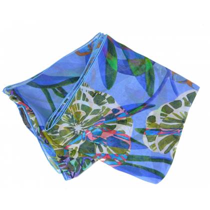 Echarpe en soie Pivoines bleues made in France