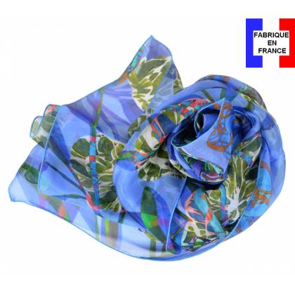 Echarpe en soie Pivoines bleues made in France