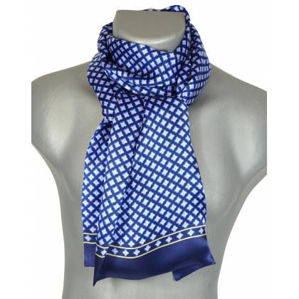 Foulard homme en soie bleu fleurs blanches