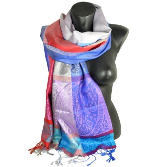 Pashmina en soie antique jacquard bleu rouge rose