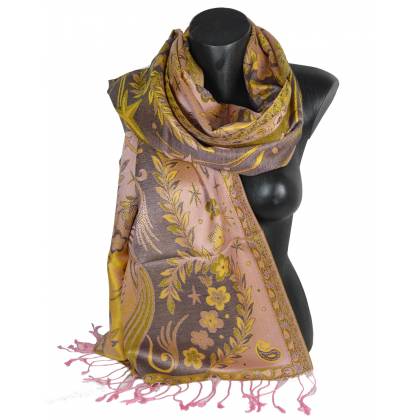 Pashmina en soie antique jacquard rose et jaune