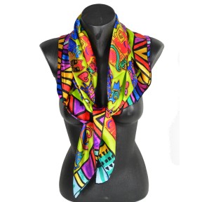 Carré soie vert tableau chats-coeurs