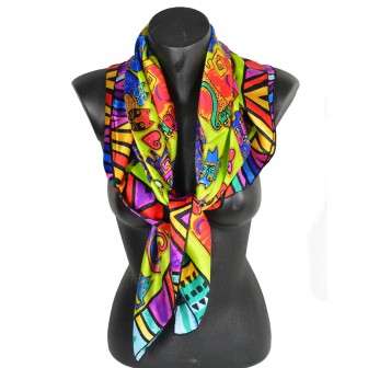 Carré soie vert tableau chats-coeurs