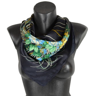 Carré soie noir bouquet vert