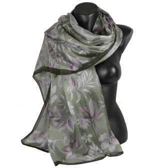 Etole en soie vert fleurs beiges