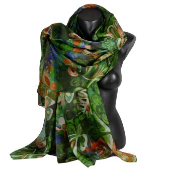 Etole en soie verte à grandes fleurs