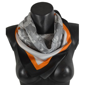 Carré soie 65cm gris et orange