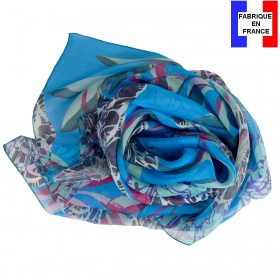 Grand carré soie Belle fleur bleu made in France