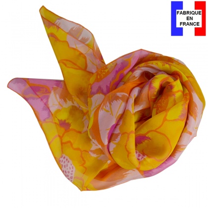 Grand carré soie Pivoine jaune made in France