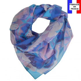 Carré soie Pivoine bleu et rose made in France