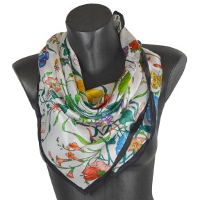 Foulard soie carré fleurs fond blanc