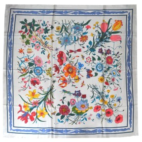 Carré soie 110cm fleurs sur fond blanc