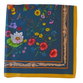 Carré soie 65cm fleurs fond bleu