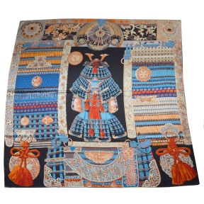 Carré soie 140 cm bleu et beige