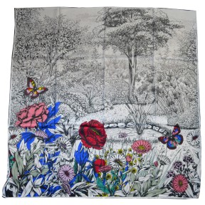 Carré soie 110cm blanc paysage et fleurs