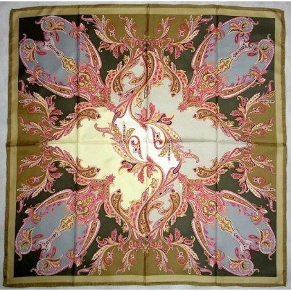 Carré en twill de soie kaki et rose